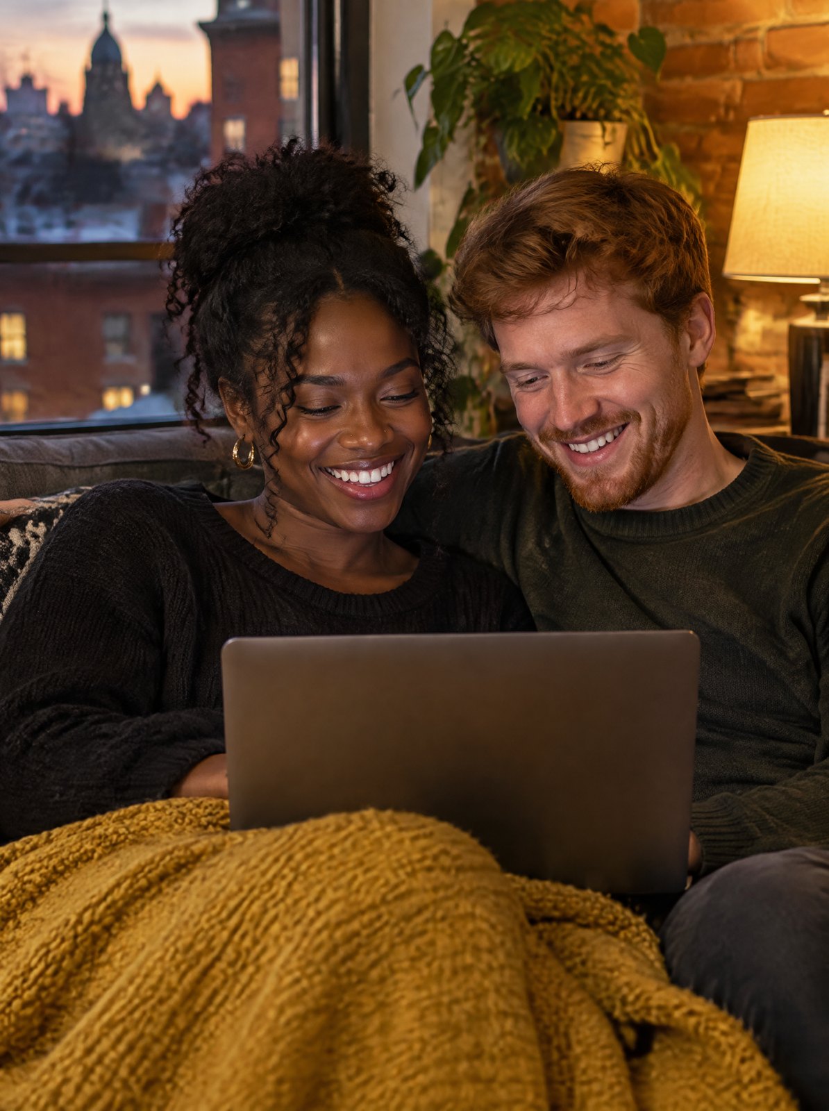 Couple détendu devant un portable dans leur appartement
